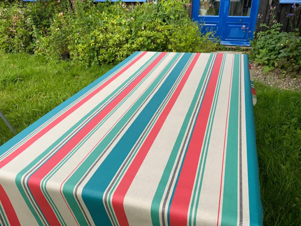 Funny Stripe Extra Wide Oilcloth in Red/Teal